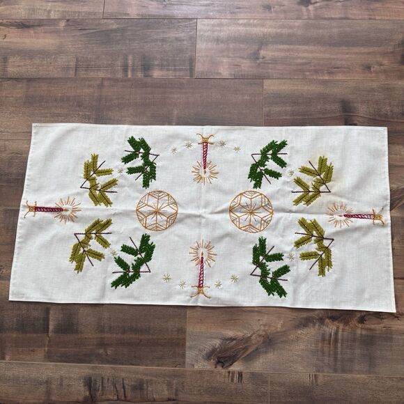 Vintage Handstitched Needlepoint Holiday Tea Towel Candle Tree Branch 33”x16.5” - Picture 1 of 10